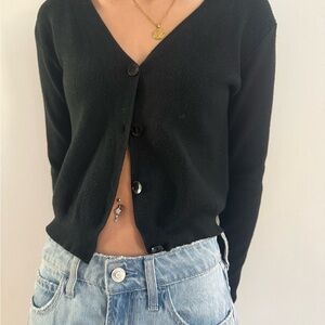 Black Cardigan Sweater with V-Neck and Long Sleeves